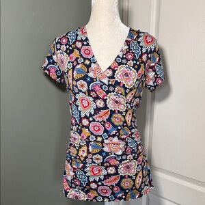 Boden Ruched Jersey Top V-Neck Floral Paisley Print, Short Sleeve, Size US 8